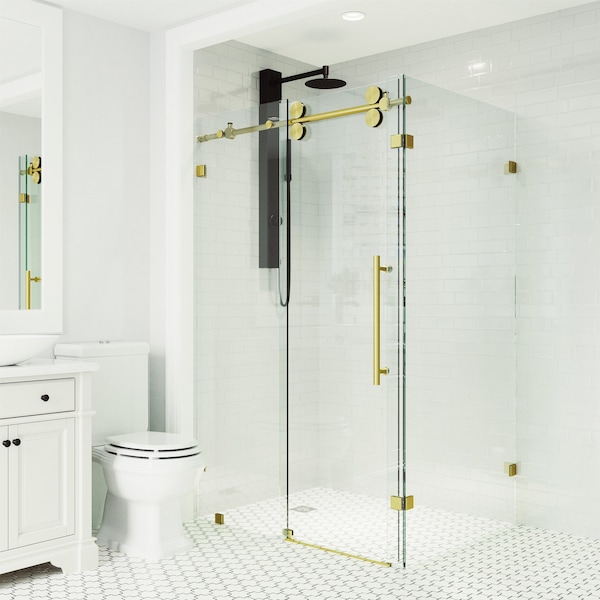 Vigo 34 in. L x 46 in. W x 74 in. H Frameless Sliding Rectangle Shower Enclosure in Matte Gold VG6051MGCL48 - main