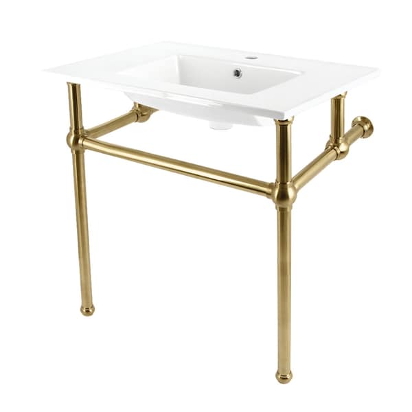 Kingston Brass 31" Ceramic Console Sink with Brass Legs, 1-Hole, White/Brushed Brass KVBH312277 - main