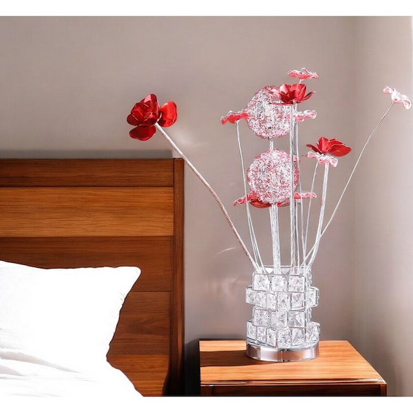 Homeroots 21" Silver and Clear Metal and Faux Crystal Geometric And Roses Bedside Lamp 568837 - main