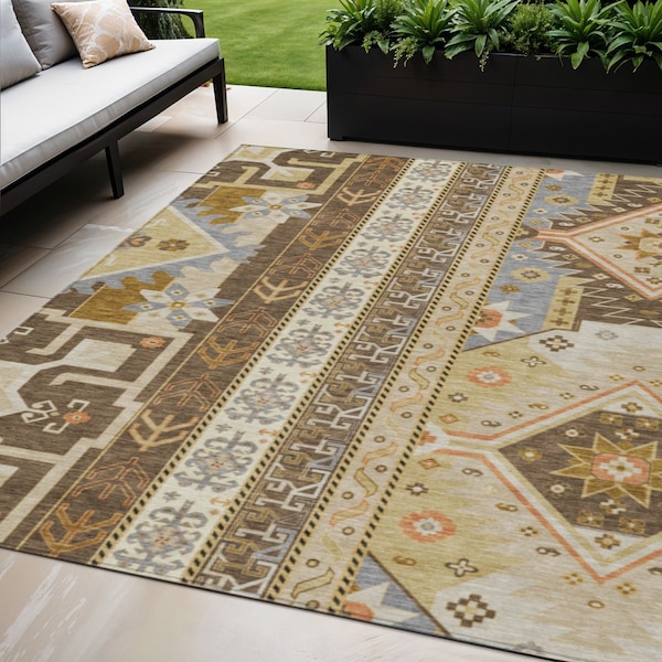 Homeroots 5' X 8' Brown Beige And Ivory Aztec Washable Indoor Outdoor Area Rug 598461 - main