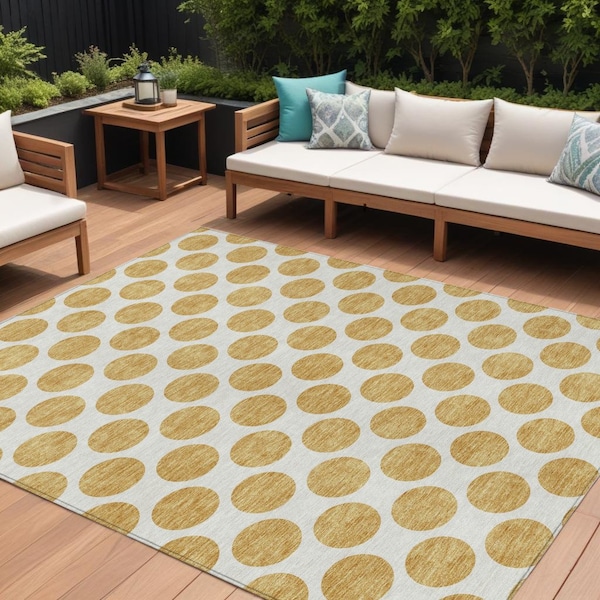 Homeroots 8' X 10' Gold And Ivory Polka Dot Washable Indoor Outdoor Area Rug 614896 - main
