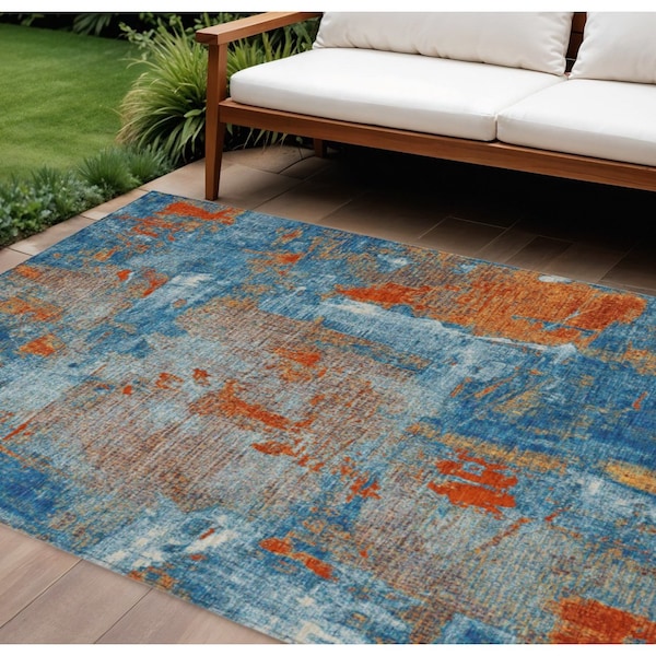 Homeroots 10' X 14' Navy Blue Orange And Ivory Abstract Washable Indoor Outdoor Area Rug 596883 - main