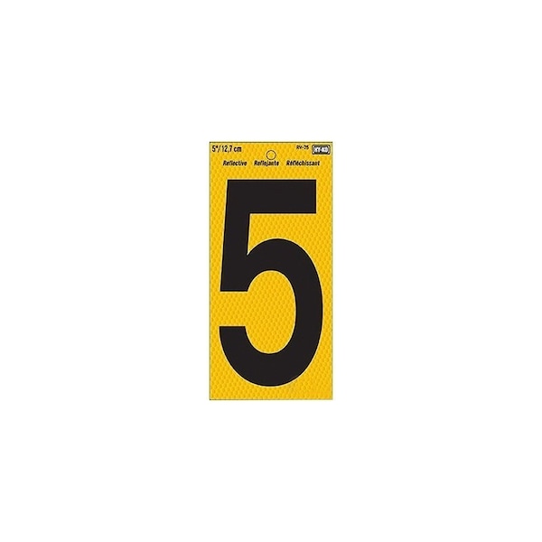 Hy-Ko Reflective Sign, Character: 5, 5 in H Character, Black Character, Yellow Background, Vinyl RV-75/5 - main
