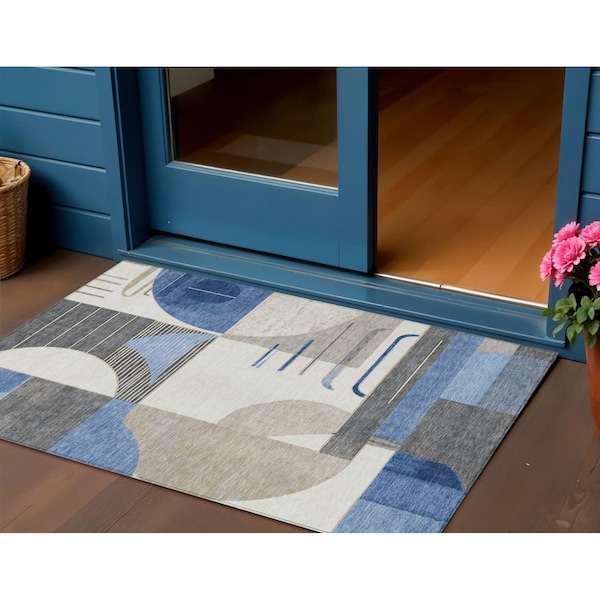 Homeroots 3' X 5' Blue Gray And Ivory Geometric Washable Indoor Outdoor Area Rug 617974 - main