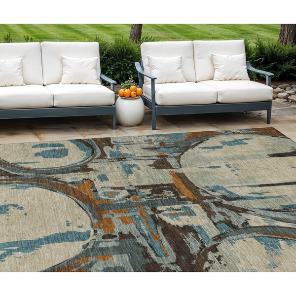 Homeroots 8' X 10' Beige Brown And Copper Geometric Washable Indoor Outdoor Area Rug 589371 - main