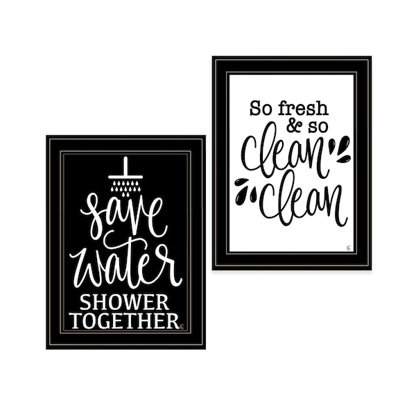 Homeroots Set Of Two Clean or Shower Together Black Framed Print Bathroom Wall Art, 2PK 407996 - main