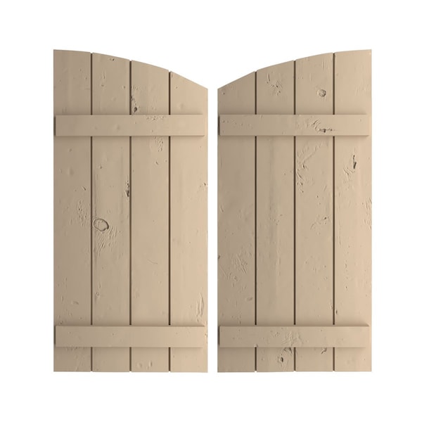 Ekena Millwork Knotty Pine 4 Board Joined Board-n-Batten w/Elliptical Top Faux Wood Shutters, 22W x 46H, PR SHUBJL22X46KPPR - main