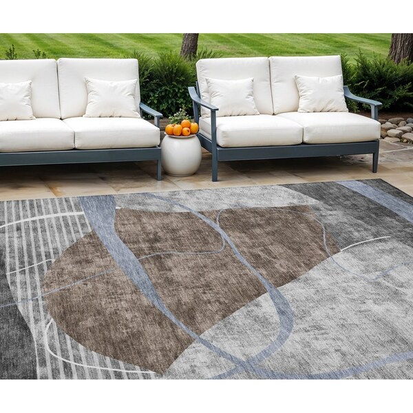 Homeroots 9' X 12' Chocolate Gray And Charcoal Abstract Washable Indoor Outdoor Area Rug 587582 - main