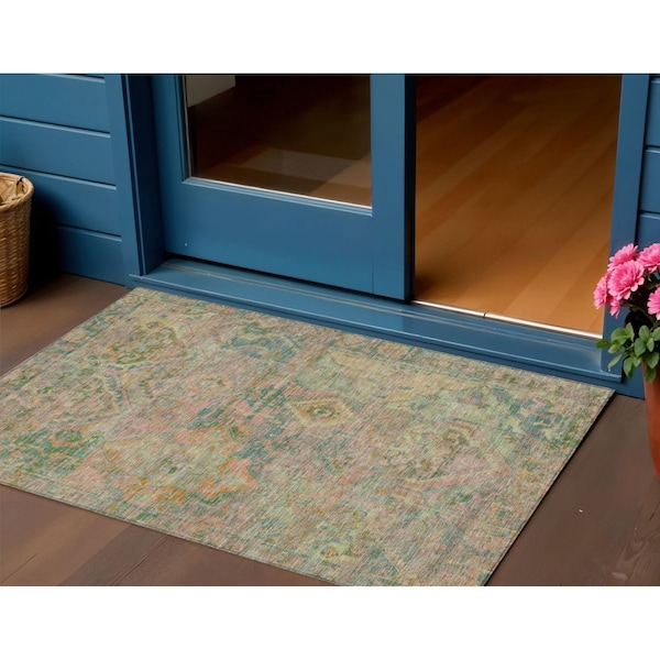 Homeroots 3' X 5' Green Teal Blue And Mauve Floral Medallion Washable Indoor Outdoor Area Rug 616616 - main