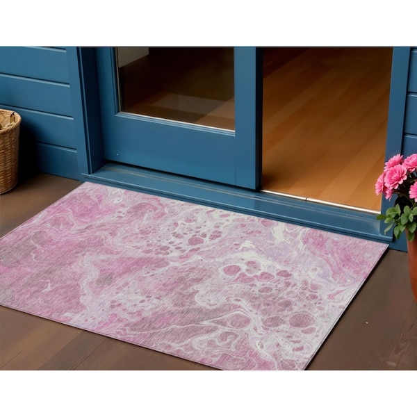 Homeroots 3' X 5' Pink And Ivory Abstract Washable Indoor Outdoor Area Rug 618310 - main