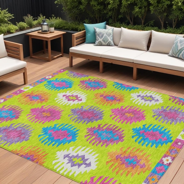 Homeroots 10' X 14' Lime Green Pink And Purple Southwestern Washable Indoor Outdoor Area Rug 615151 - main