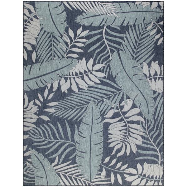 Homeroots 8' X 10' Navy Blue Sky Blue And Ivory Palm Leaf Indoor Outdoor Area Rug 550243 - main