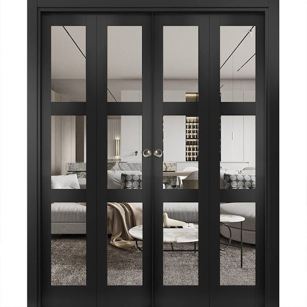Sartodoors Sliding Closet Double Bi-fold Doors, Lucia 2555 Matte Black with Clear Glass, Sturdy Tracks Moldin LUCIA2555DBF-BLK-96 x 96 (4* 24x96) - main