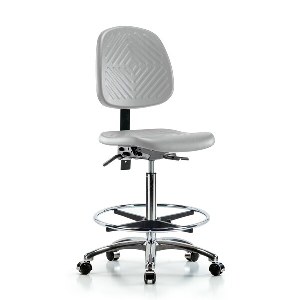 Blue Ridge Ergonomics Poly Chair Chrome-High Bench Ht with Med Back, Seat Tilt, Chrome Foot Ring, & Casters in Gray Poly PHBCH-MB-CR-T1-A0-CF-CC-GRY - main