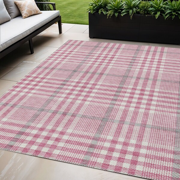 Homeroots 5' X 8' Blush Gray And Ivory Plaid Washable Indoor Outdoor Area Rug 601459 - main