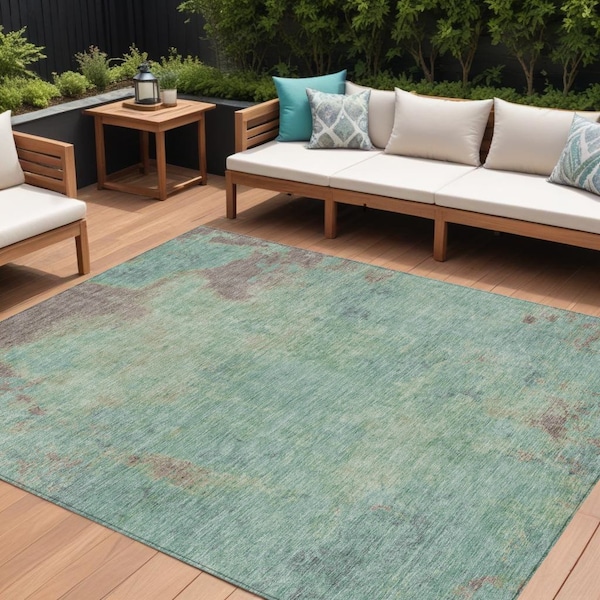 Homeroots 9' X 12' Pale Aqua And Taupe Abstract Washable Indoor Outdoor Area Rug 618458 - main