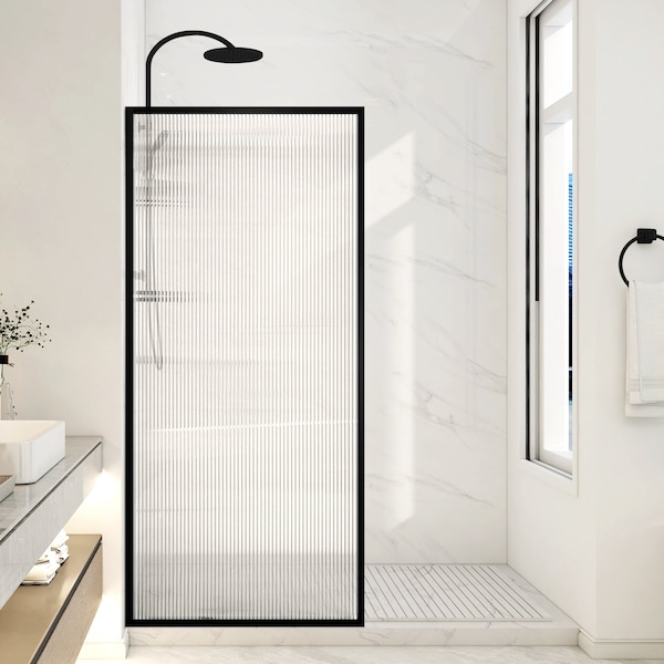 Anzzi Welle 74x34in Framed Fixed Shower Screen Door, Matte Black with 5/16in 8mm Tempered Fluted Glass SD-AZ22-01MB-FL - main