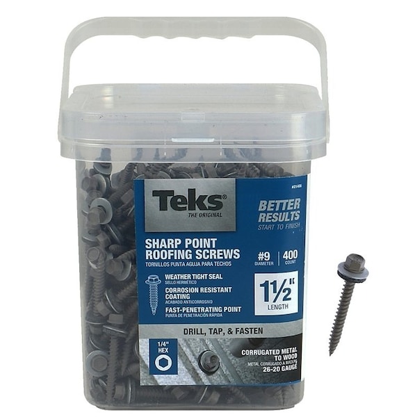 Teks Roofing Screw, No 9 Thread, Coarse Thread, Hex Drive, Self-Tapping, Sharp Point, Steel, Zinc 21406 - main