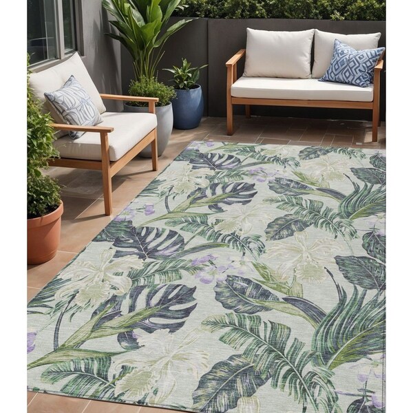 Homeroots 5' X 8' Artichoke Green Lavender And Ivory Botanical Leaves Washable Indoor Outdoor Area Rug 618383 - main