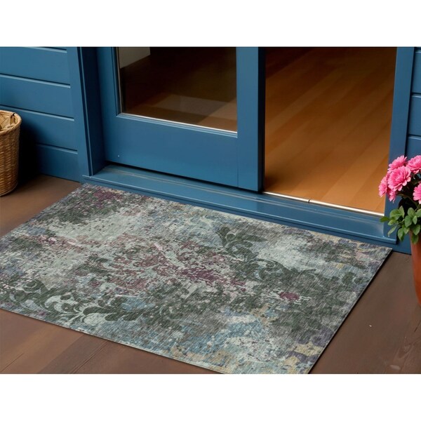 Homeroots 3' X 5' Fern Green And Purple Damask Washable Indoor Outdoor Area Rug 596381 - main