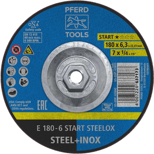 Pferd 7'' Grinding Wheel, 1/4'' Thick, 5/8''-11 Thread, START STEELOX, Type 27, Aluminum Oxide 63893 - main