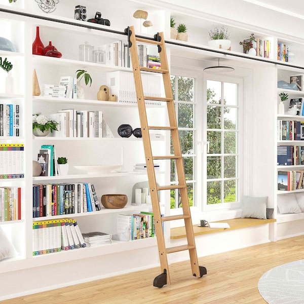 Quiet Glide 8.06 ft. Red Oak Contemporary Wheel Black Rolling Hook Removable Ladder, 12 ft. Rail QG.540-8RO-12-H.08 - main