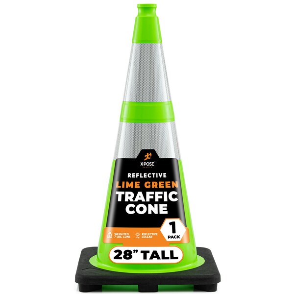 Xpose Safety Traffic Safety Cone, 28 in, Premium PVC, Dual 6 in & 4 in Reflective Collar, Lime Green LTC28-64-1-X - main