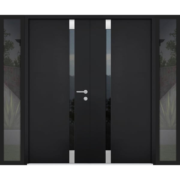 Vdomdoors Steel Double Doors Cynex 6777 Black 2 Sidelight Exterior Windows Stainless Inserts Single Modern Pa CYNEX6777DEXD-BLK-RH-I-W12+72+12 x H80 - main