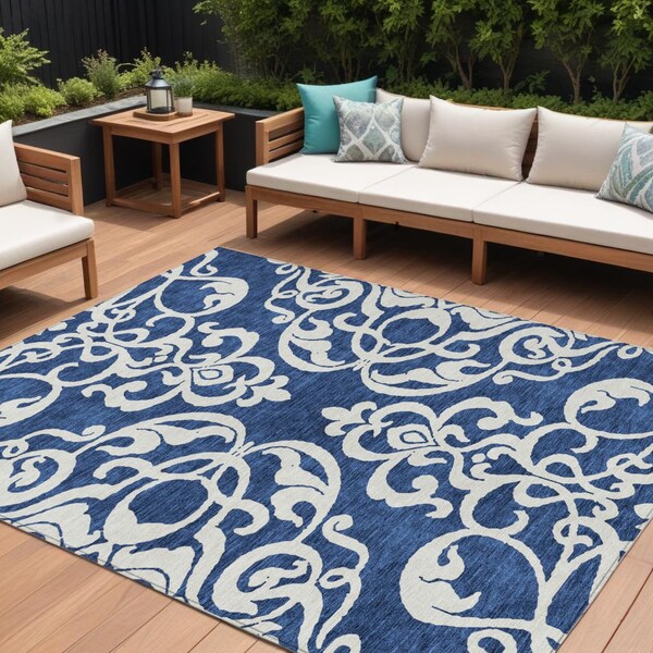 Homeroots 10' X 14' Navy Blue And Ivory Damask Washable Indoor Outdoor Area Rug 614448 - main