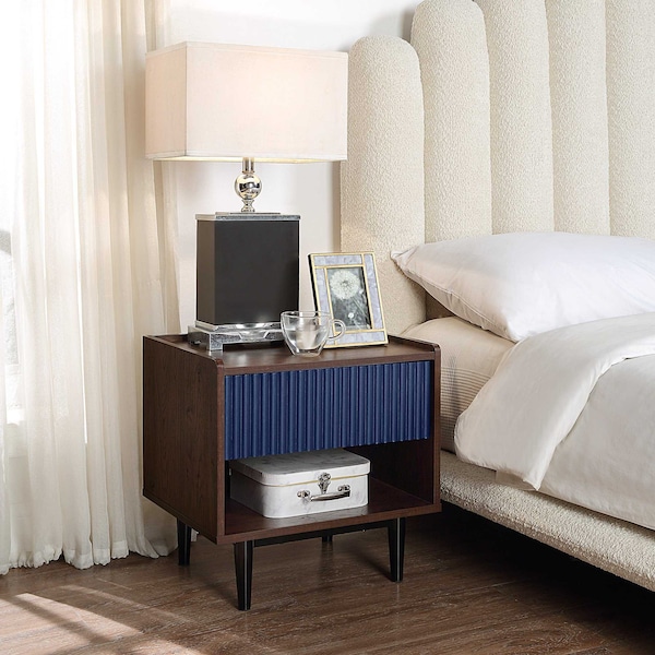 Manhattan Comfort Duane Modern Ribbed Nightstand with Full Extension Drawer in Dark Brown and Navy Blue NS-10GLF-NB - main