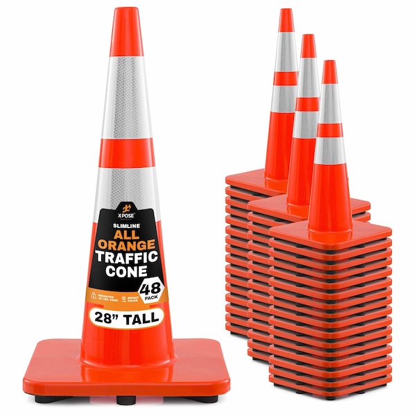 Xpose Safety 28 Inch Orange Slim Line Traffic Cones Heavy Duty 10lb with 6in and 4in Collars, DOT Approved, 48PK AOTC28SL-64-10L-48-X - main
