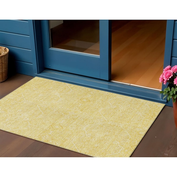 Homeroots 3' X 5' Gold Floral Washable Indoor Outdoor Area Rug 607362 - main