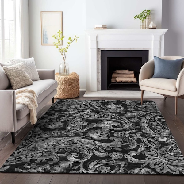 Homeroots 10' X 14' Black Gray And Charcoal Paisley Washable Indoor Outdoor Area Rug 588635 - main