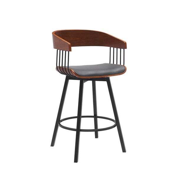 Armen Living Athena 27in Swivel Walnut Wood Counter Stool in Gray Faux Leather with Black Metal LCATBAWAGRY26 - main