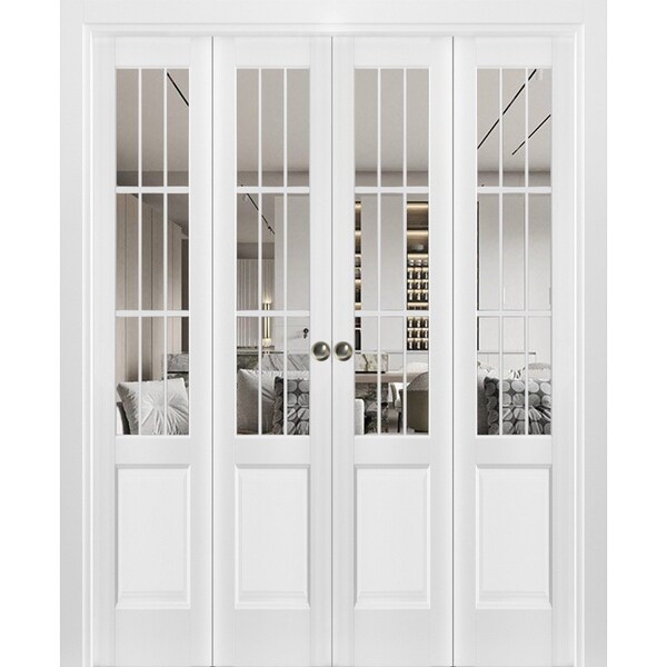 Sartodoors Sliding Closet Double Bi-fold Doors, Felicia 3599 White Silk with Clear Glass, Sturdy Tracks Moldi FELICIA3599DBF-BEM-96 x 96 (4* 24x96) - main