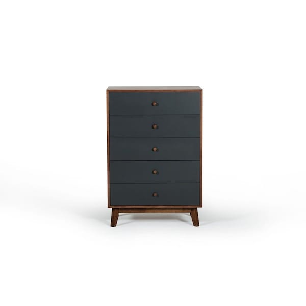 Homeroots 30" Walnut And Charcoal Grey Solid Wood Five Drawer Chest 473069 - main