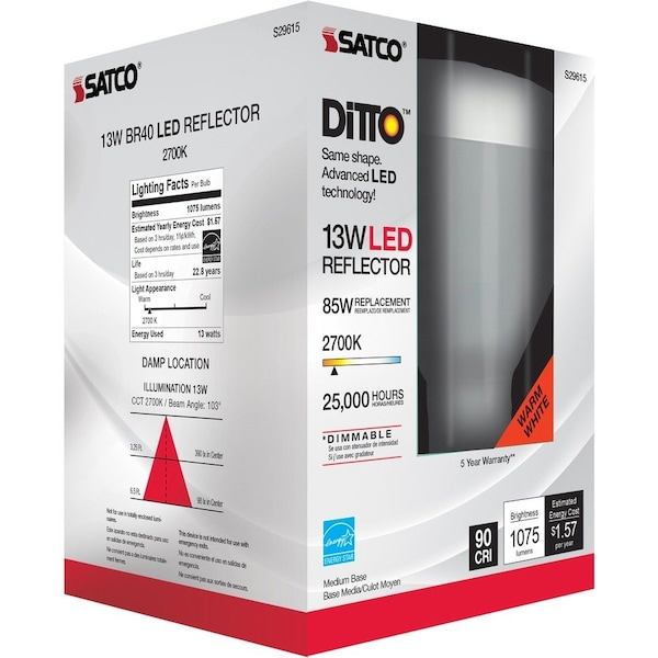 Satco Bulb, LED, 13W, BR40, Medium, 120V, Frosted White, 27K S29615 - main