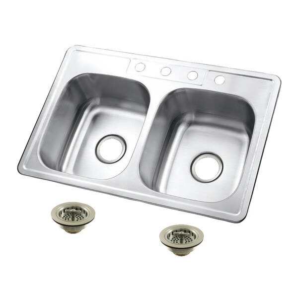 Kingston Brass 33-Inch Stainless Steel Self-Rimming Double Bowl Drop-In Kitchen Sink, 4-Hole with Strainer KGKTD332278 - main