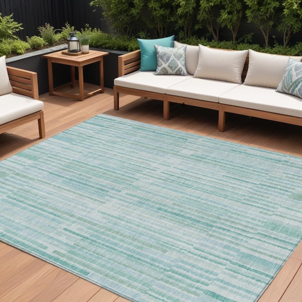 Homeroots 8' X 10' Turquoise And Pale Aqua Striped Washable Indoor Outdoor Area Rug 631572 - main