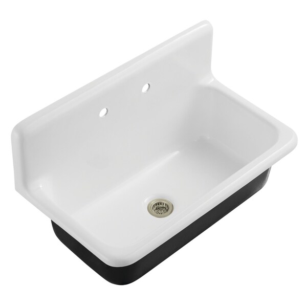 Kingston Brass 36" Cast Iron Single Bowl Wall Mount Kitchen Sink, 2-Hole with Strainer, White/Brushed Nickel KGCKWS3620118 - main