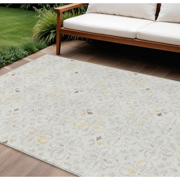 Homeroots 10' X 14' Ivory Gray And Gold Floral Washable Indoor Outdoor Area Rug 595966 - main