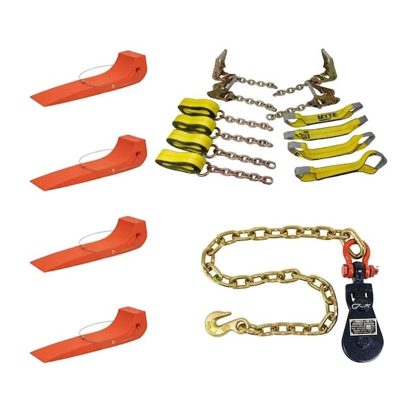 Mytee Products 8 Point Roll Back Tie Down Kit w/2Ton Snatch Block Chain & 4Pc Tire Skates for Truck 8TDK-SB3-2-TIRESKT-KIT - main