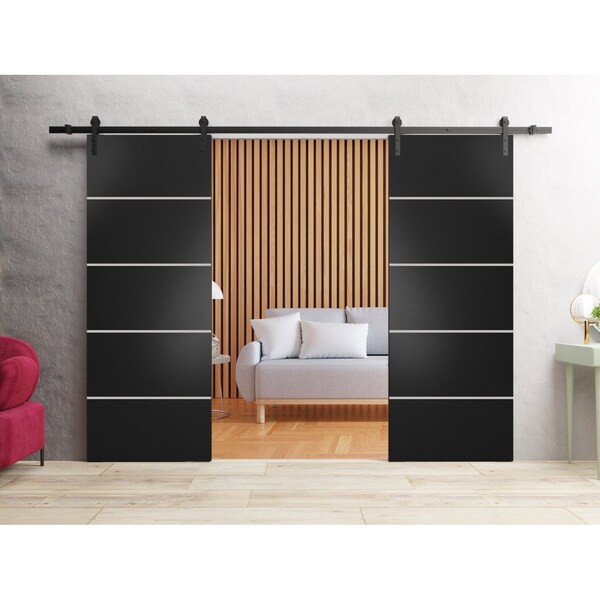 Sartodoors Sturdy Double Barn Door with Hardware, Planum 0210 Matte Black and Aluminum Strips, 13FT Rail Hange PLANUM0210DB-BLK-36 - main
