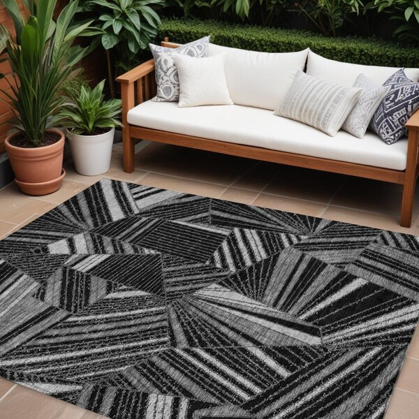 Homeroots 8' X 10' Black And Gray Geometric Washable Indoor Outdoor Area Rug 594758 - main