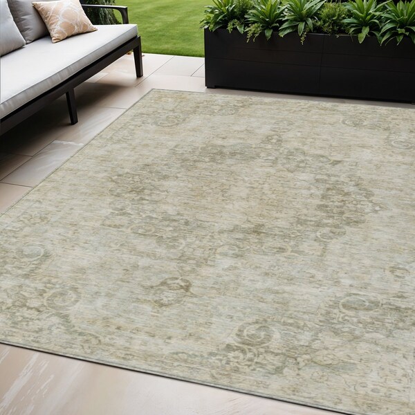 Homeroots 5' X 8' Sage Floral Medallion Washable Indoor Outdoor Area Rug 607933 - main