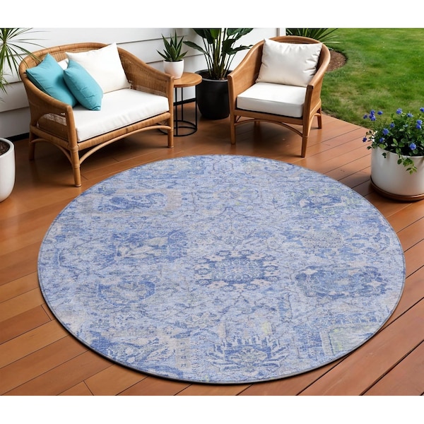Homeroots 8' Sky Blue Ivory And Gray Round Damask Washable Indoor Outdoor Area Rug 603787 - main