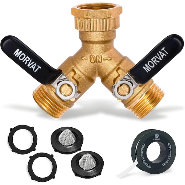 Morvat Heavy-Duty Brass 2-Way Garden Hose Splitter with Extended Metal and Rubber Handles MOR-BCONNECTOR-2-BF-A - main
