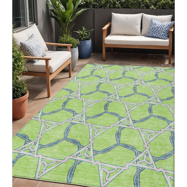 Homeroots 5' X 8' Lime Green And Blue Geometric Washable Indoor Outdoor Area Rug 613507 - main