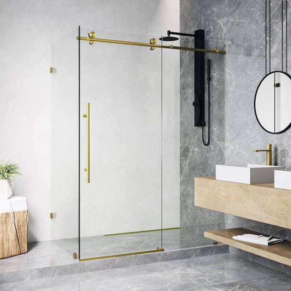 Vigo E-Class 34 in. L x 46 in. W x 76 in. H Frameless Sliding Rectangle Shower Enclosure in Matte Gold VG6053MGCL48 - main