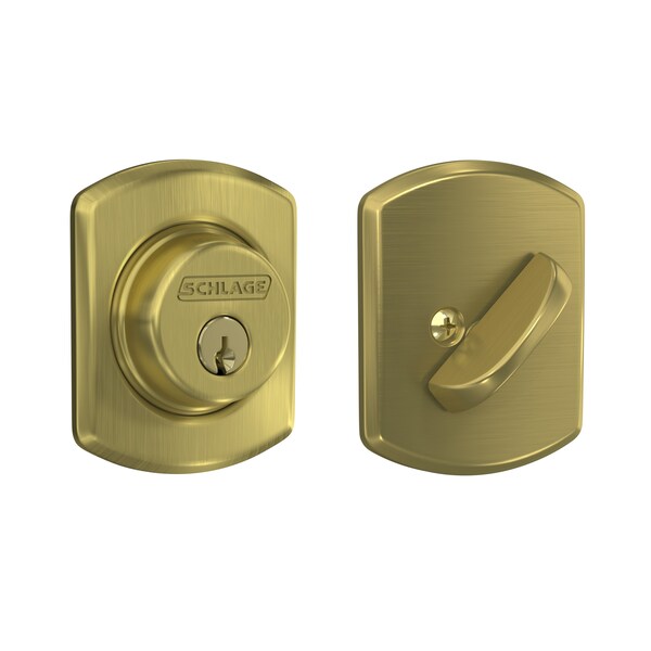 Schlage Residential Greenwich Single Cylinder Deadbolt C Keyway with 12287 Latch and 10116 Strike Satin Brass Finish B60GRW608 - main